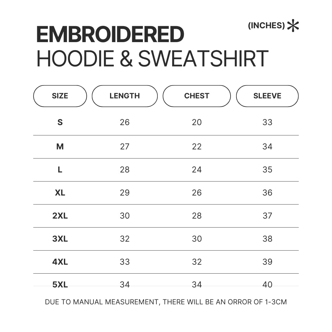 Embroidered Hoodie Sweatshirt Size Chart - Beetlejuice Beetlejuice Merch